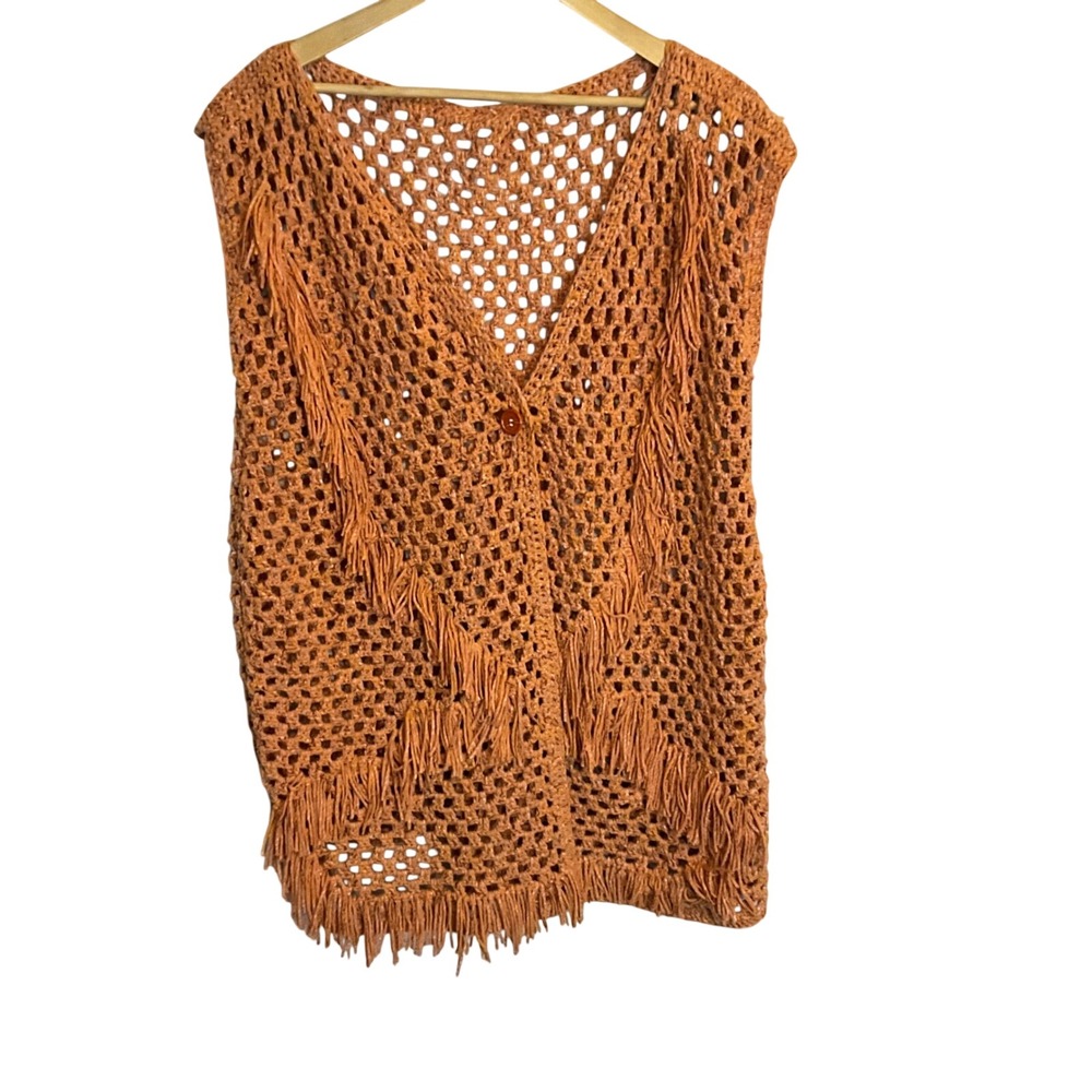 Bohemian Crochet Vest Orange Fringe Open Knit‎ Sleeveless Boho Hippie